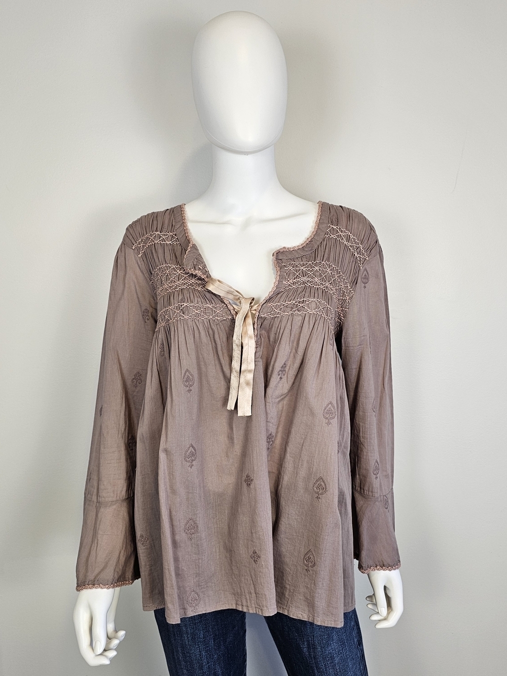 Odd Molly Taupe Embroidered Peasant Blouse with Tie Sz 4